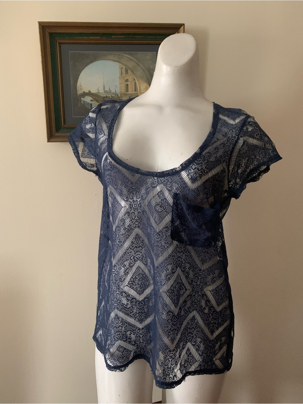 Kimchi Blue Navy Sheer Lace Scoop Neck Tee